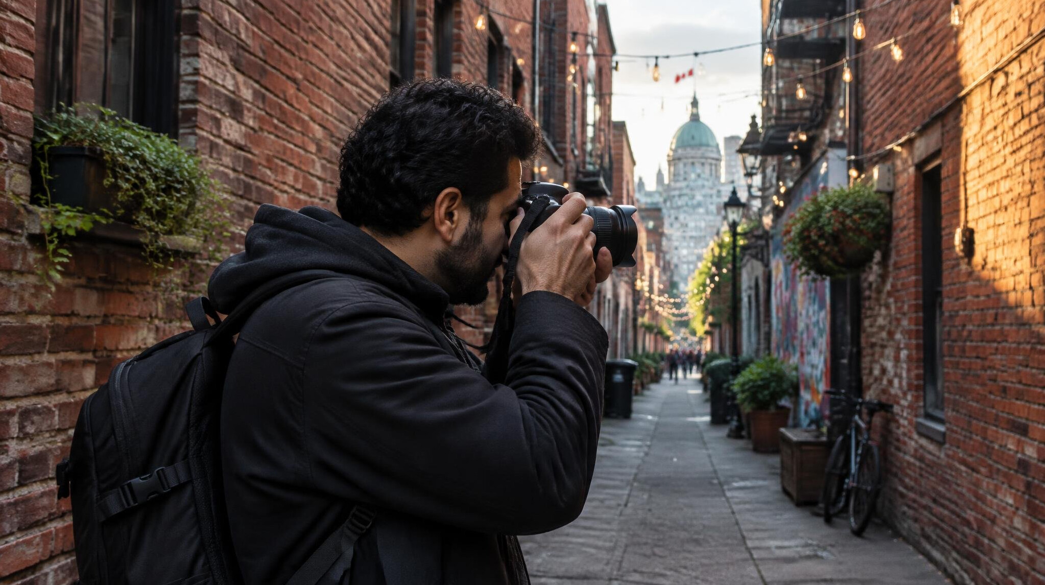 Street photographer with camera walking through a Montreal alley