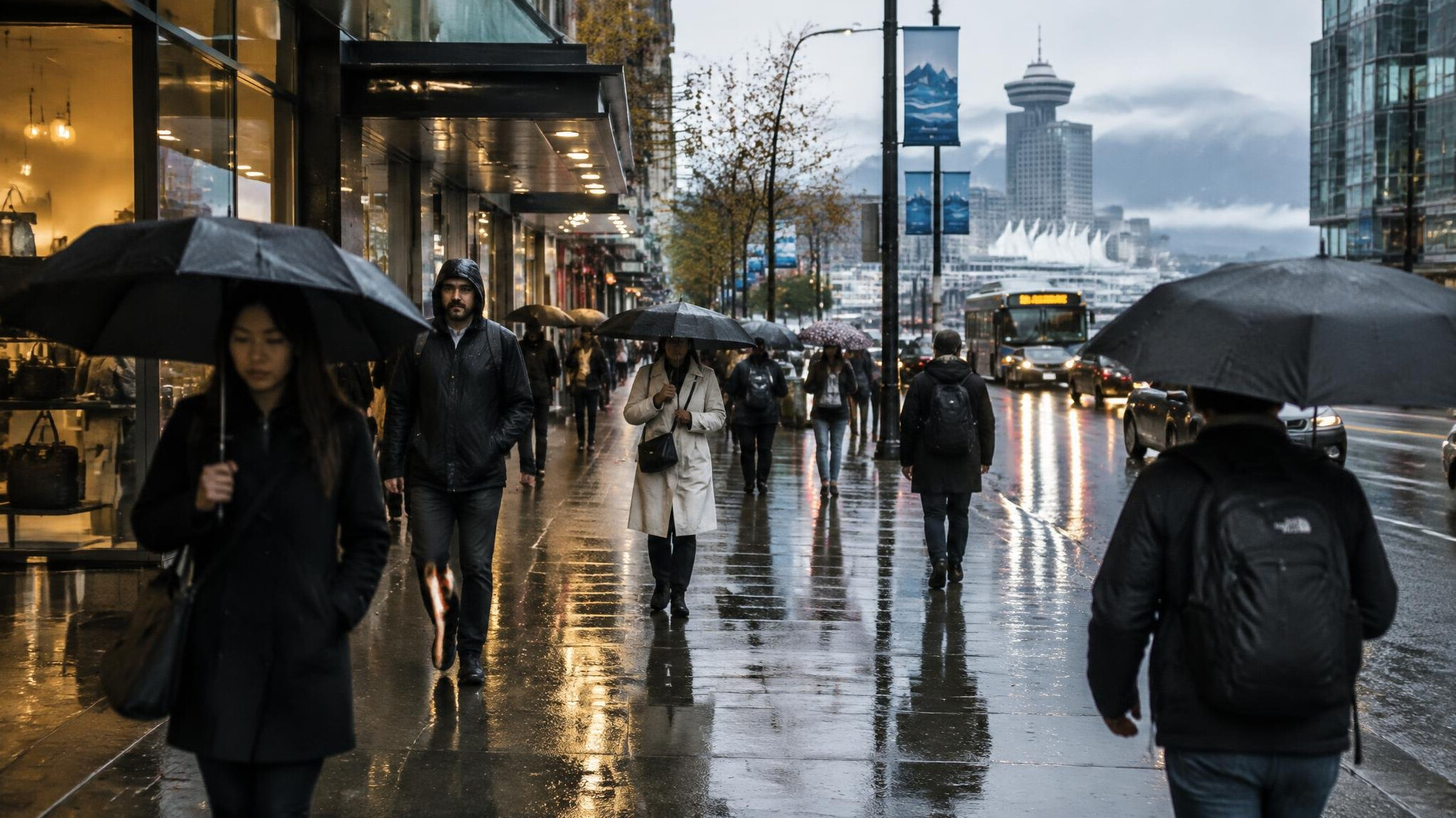 Rainy street in Vancouver with pedestrians and umbrellas